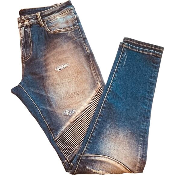 Crysp Denim Sand Stacked Skinny Fit Moto Denim Jeans - Picture 1 of 9